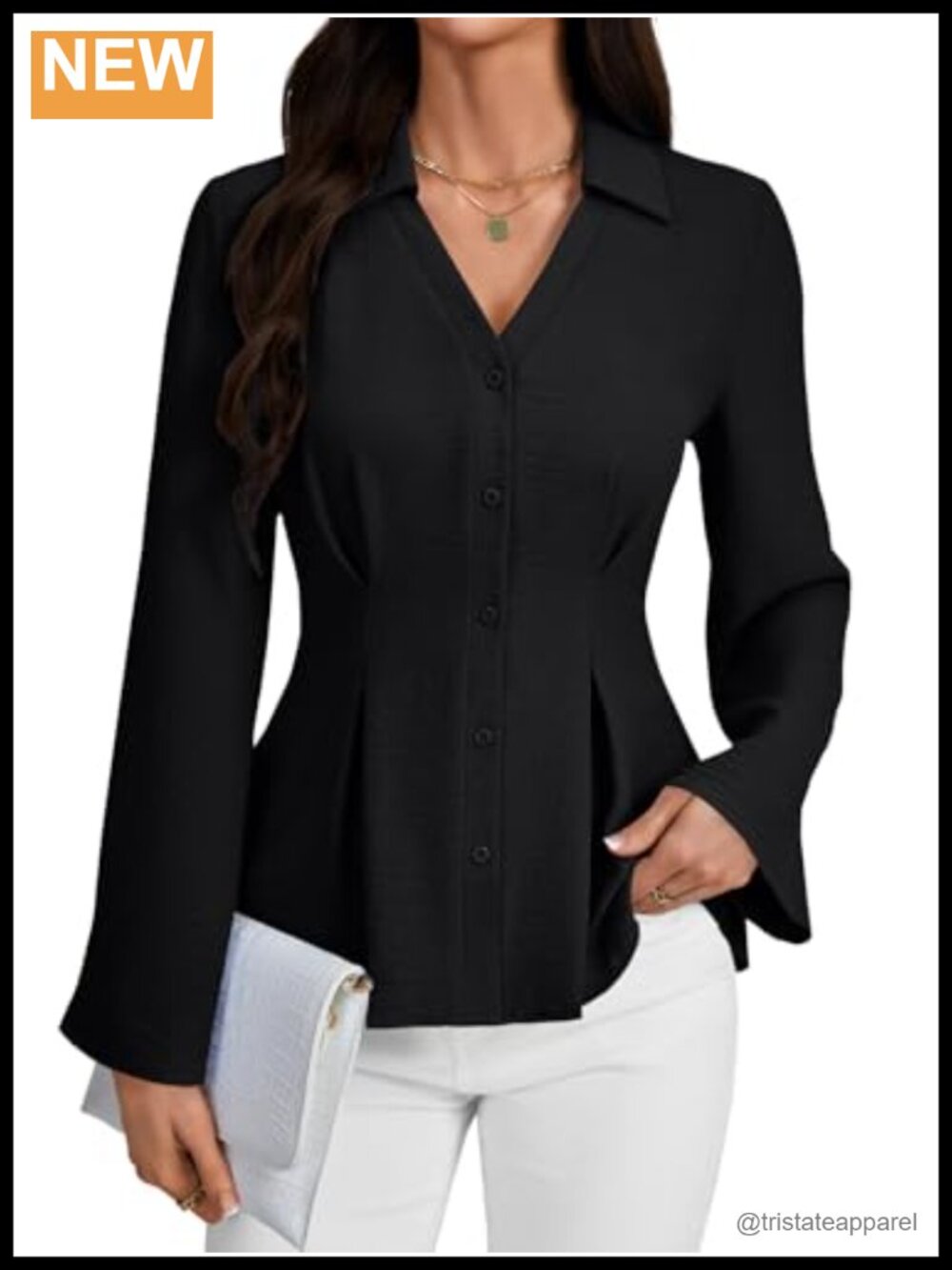 Women's Collared V-Neck Button Down Blouse with Pleated Waist
